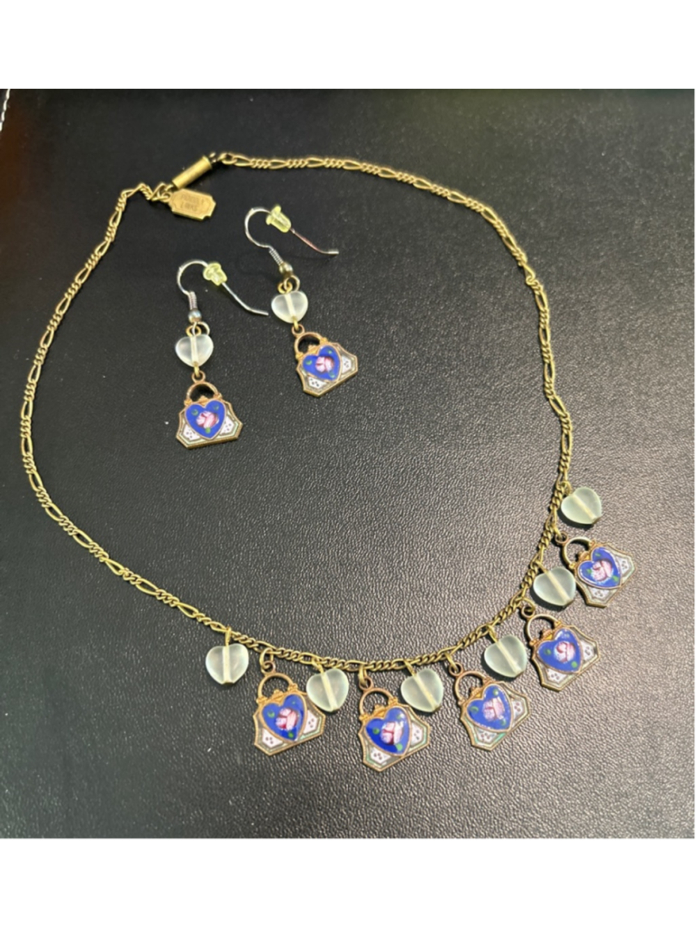 vintage Pididdly Links enamel purse charm necklace and earring set 16” chain